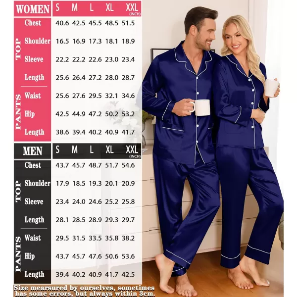 imageSWOMOG Couple Matching Pajamas Sets Women ampamp Men Silk Satin Pjs Set Long Sleeve Button Down Sleepwear with 2 PocketsDeep Navy Blue