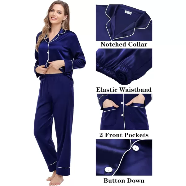 imageSWOMOG Couple Matching Pajamas Sets Women ampamp Men Silk Satin Pjs Set Long Sleeve Button Down Sleepwear with 2 PocketsDeep Navy Blue