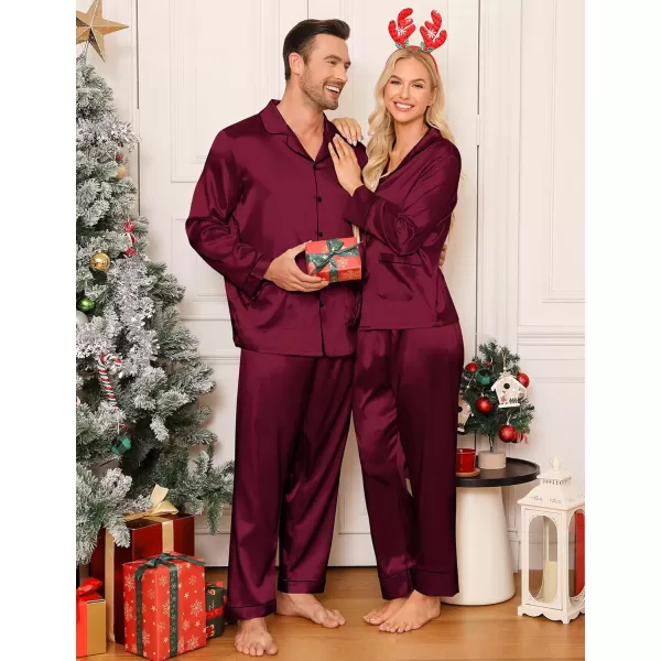 imageSWOMOG Couple Matching Pajamas Sets Women ampamp Men Silk Satin Pjs Set Long Sleeve Button Down Sleepwear with 2 PocketsDeep Wine Red