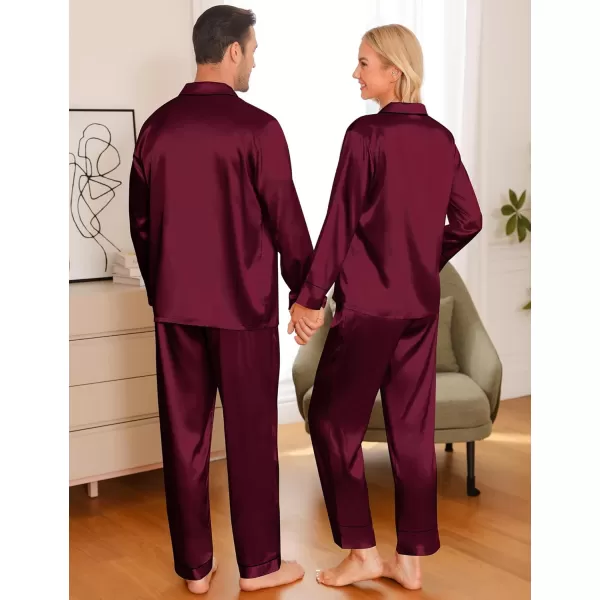 imageSWOMOG Couple Matching Pajamas Sets Women ampamp Men Silk Satin Pjs Set Long Sleeve Button Down Sleepwear with 2 PocketsDeep Wine Red