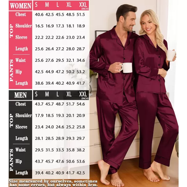 imageSWOMOG Couple Matching Pajamas Sets Women ampamp Men Silk Satin Pjs Set Long Sleeve Button Down Sleepwear with 2 PocketsDeep Wine Red