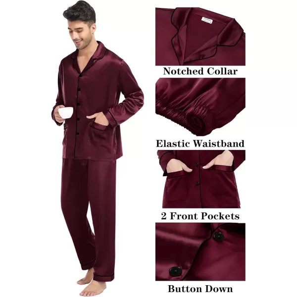 imageSWOMOG Couple Matching Pajamas Sets Women ampamp Men Silk Satin Pjs Set Long Sleeve Button Down Sleepwear with 2 PocketsDeep Wine Red