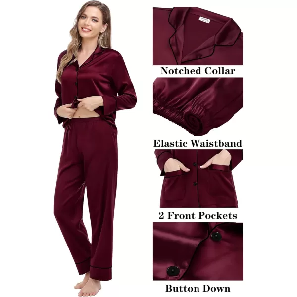 imageSWOMOG Couple Matching Pajamas Sets Women ampamp Men Silk Satin Pjs Set Long Sleeve Button Down Sleepwear with 2 PocketsDeep Wine Red