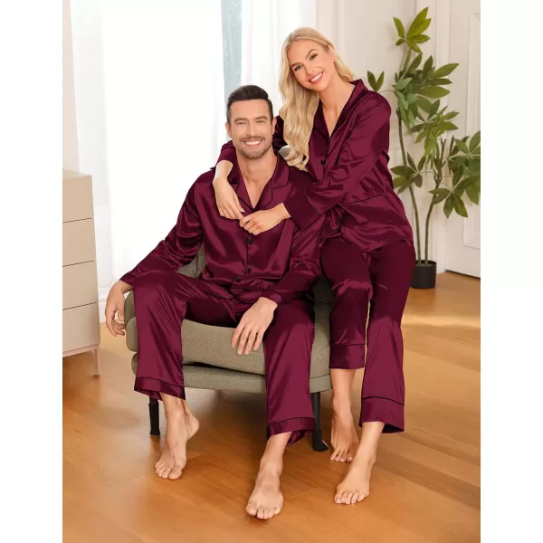 imageSWOMOG Couple Matching Pajamas Sets Women ampamp Men Silk Satin Pjs Set Long Sleeve Button Down Sleepwear with 2 PocketsDeep Wine Red