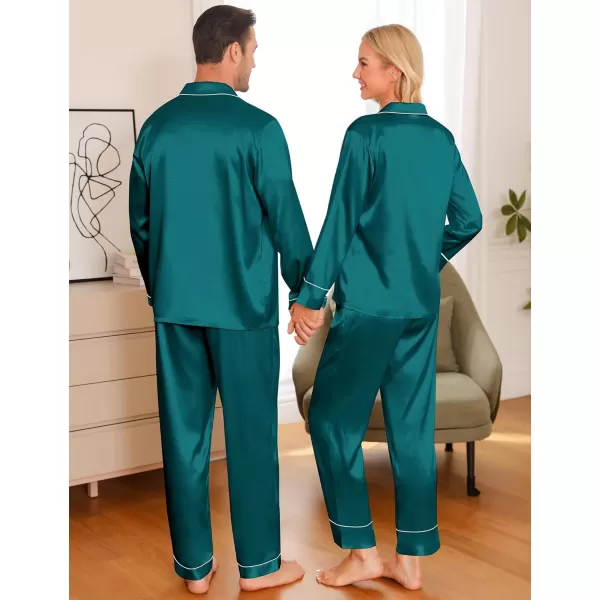 imageSWOMOG Couple Matching Pajamas Sets Women ampamp Men Silk Satin Pjs Set Long Sleeve Button Down Sleepwear with 2 PocketsGreen