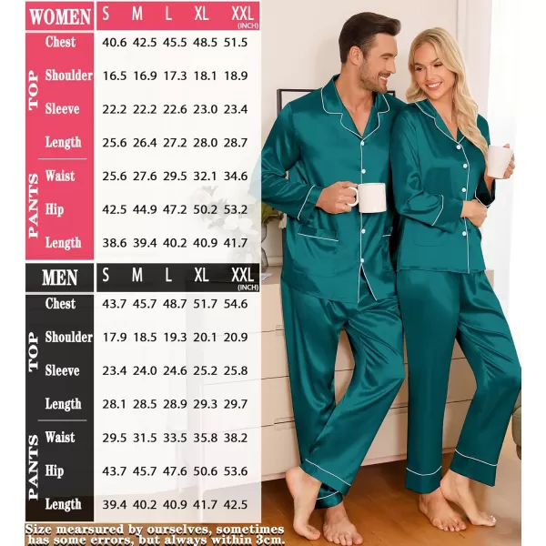 imageSWOMOG Couple Matching Pajamas Sets Women ampamp Men Silk Satin Pjs Set Long Sleeve Button Down Sleepwear with 2 PocketsGreen