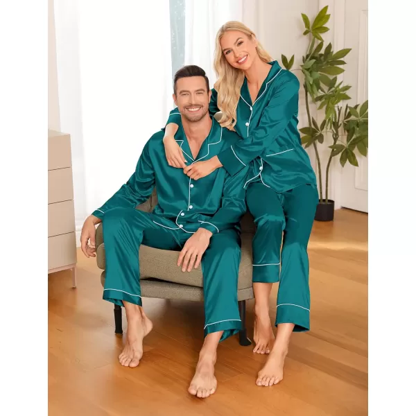 imageSWOMOG Couple Matching Pajamas Sets Women ampamp Men Silk Satin Pjs Set Long Sleeve Button Down Sleepwear with 2 PocketsGreen