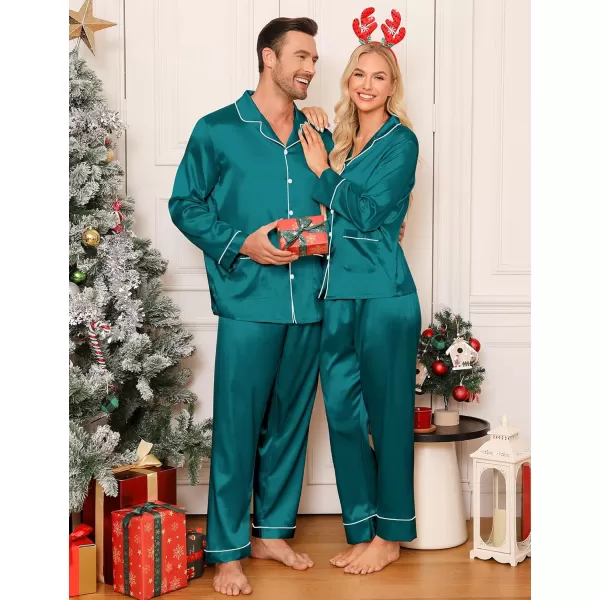 imageSWOMOG Couple Matching Pajamas Sets Women ampamp Men Silk Satin Pjs Set Long Sleeve Button Down Sleepwear with 2 PocketsGreen