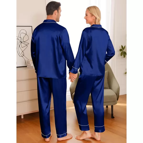 imageSWOMOG Couple Matching Pajamas Sets Women ampamp Men Silk Satin Pjs Set Long Sleeve Button Down Sleepwear with 2 PocketsNavy Blue