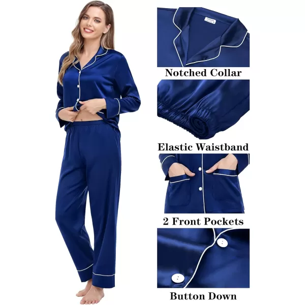 imageSWOMOG Couple Matching Pajamas Sets Women ampamp Men Silk Satin Pjs Set Long Sleeve Button Down Sleepwear with 2 PocketsNavy Blue