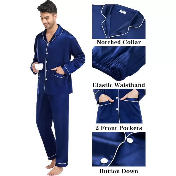 imageSWOMOG Couple Matching Pajamas Sets Women ampamp Men Silk Satin Pjs Set Long Sleeve Button Down Sleepwear with 2 PocketsNavy Blue