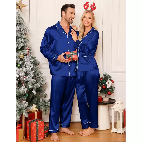 imageSWOMOG Couple Matching Pajamas Sets Women ampamp Men Silk Satin Pjs Set Long Sleeve Button Down Sleepwear with 2 PocketsNavy Blue