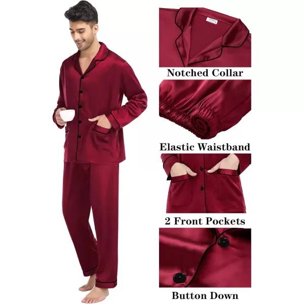 imageSWOMOG Couple Matching Pajamas Sets Women ampamp Men Silk Satin Pjs Set Long Sleeve Button Down Sleepwear with 2 PocketsWine Red