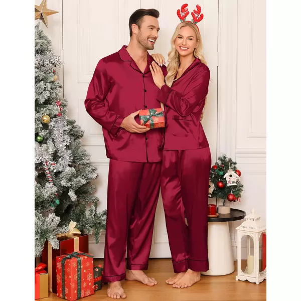 imageSWOMOG Couple Matching Pajamas Sets Women ampamp Men Silk Satin Pjs Set Long Sleeve Button Down Sleepwear with 2 PocketsWine Red