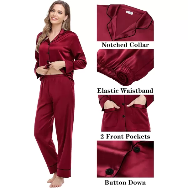 imageSWOMOG Couple Matching Pajamas Sets Women ampamp Men Silk Satin Pjs Set Long Sleeve Button Down Sleepwear with 2 PocketsWine Red