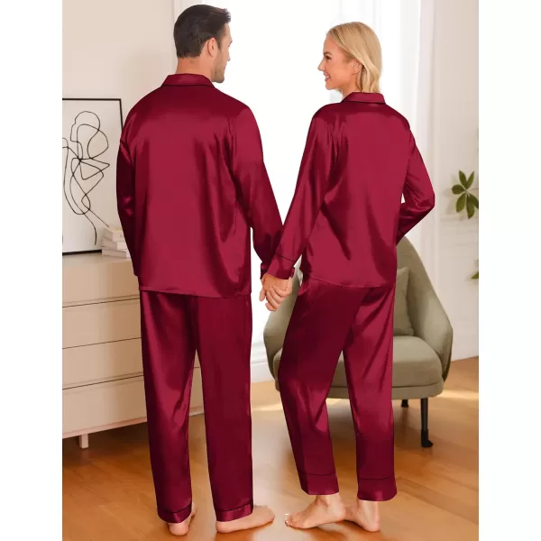 imageSWOMOG Couple Matching Pajamas Sets Women ampamp Men Silk Satin Pjs Set Long Sleeve Button Down Sleepwear with 2 PocketsWine Red