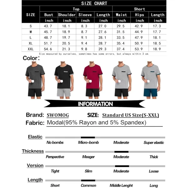 imageSWOMOG Mens Pajamas Set Short Sleeve Sleepwear Lightweight Soft Pjs 2 Piece Modal Sleep Sets Nightwear with Pockets SXXLBlack Top  Grey Short