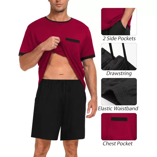 imageSWOMOG Mens Pajamas Set Short Sleeve Sleepwear Lightweight Soft Pjs 2 Piece Modal Sleep Sets Nightwear with Pockets SXXLWine Red Top  Black Short