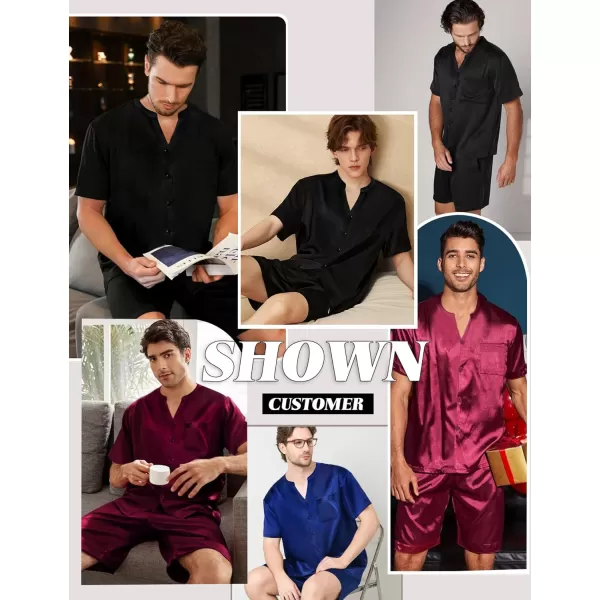 imageSWOMOG Mens Satin Pajamas Set Silk Button Down Sleepwear with Pockets Short Sleeve Loungewear 2 Piece Pjs Set NightwearBlack