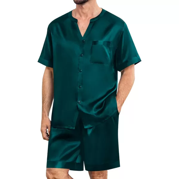 imageSWOMOG Mens Satin Pajamas Set Silk Button Down Sleepwear with Pockets Short Sleeve Loungewear 2 Piece Pjs Set NightwearDeep Green