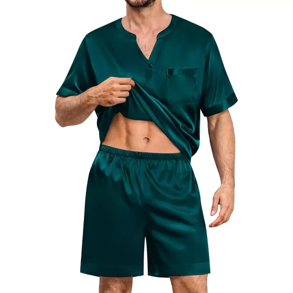 imageSWOMOG Mens Satin Pajamas Set Silk Button Down Sleepwear with Pockets Short Sleeve Loungewear 2 Piece Pjs Set NightwearDeep Green