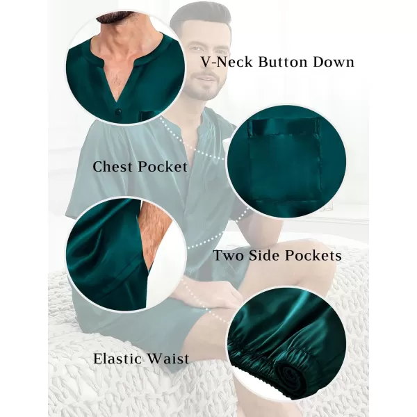 imageSWOMOG Mens Satin Pajamas Set Silk Button Down Sleepwear with Pockets Short Sleeve Loungewear 2 Piece Pjs Set NightwearDeep Green