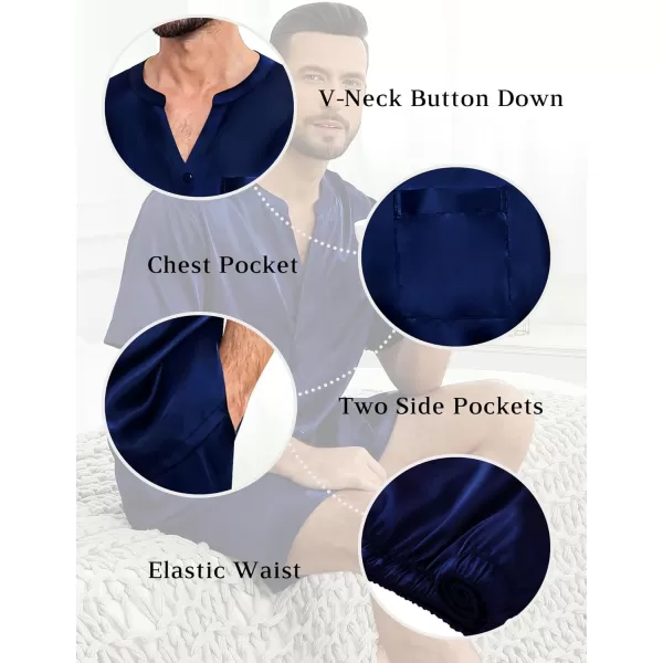 imageSWOMOG Mens Satin Pajamas Set Silk Button Down Sleepwear with Pockets Short Sleeve Loungewear 2 Piece Pjs Set NightwearDeep Navy Blue