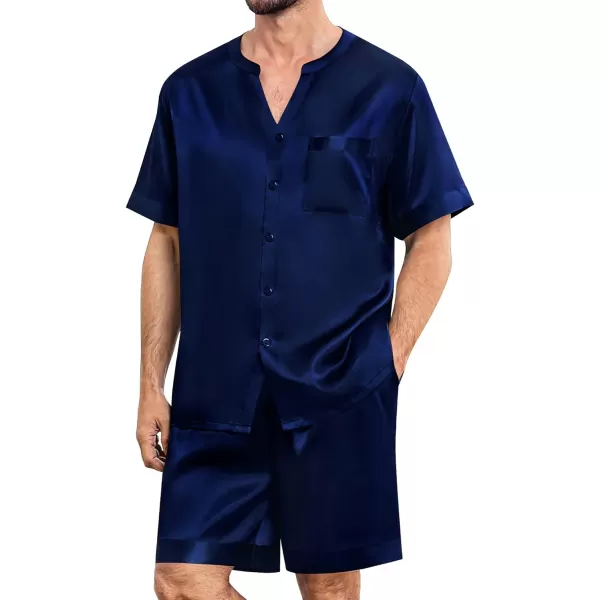 imageSWOMOG Mens Satin Pajamas Set Silk Button Down Sleepwear with Pockets Short Sleeve Loungewear 2 Piece Pjs Set NightwearDeep Navy Blue