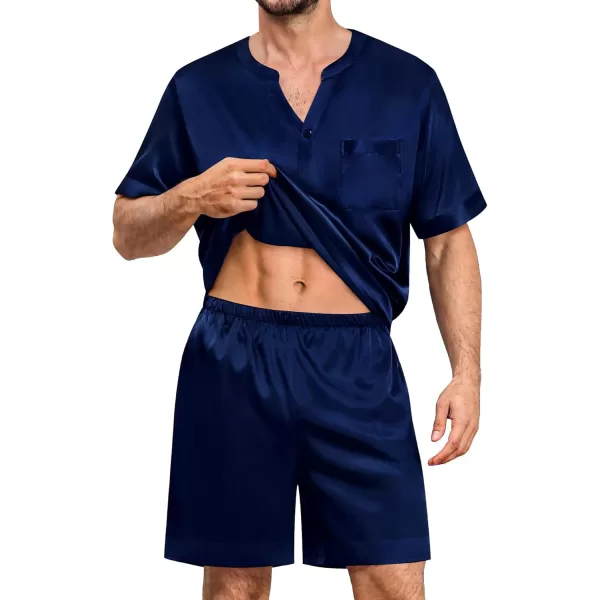 imageSWOMOG Mens Satin Pajamas Set Silk Button Down Sleepwear with Pockets Short Sleeve Loungewear 2 Piece Pjs Set NightwearDeep Navy Blue