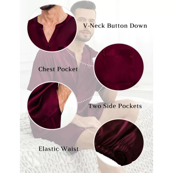 imageSWOMOG Mens Satin Pajamas Set Silk Button Down Sleepwear with Pockets Short Sleeve Loungewear 2 Piece Pjs Set NightwearDeep Wine Red