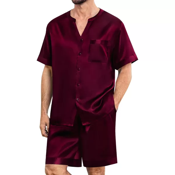 imageSWOMOG Mens Satin Pajamas Set Silk Button Down Sleepwear with Pockets Short Sleeve Loungewear 2 Piece Pjs Set NightwearDeep Wine Red