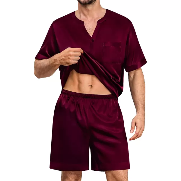 imageSWOMOG Mens Satin Pajamas Set Silk Button Down Sleepwear with Pockets Short Sleeve Loungewear 2 Piece Pjs Set NightwearDeep Wine Red