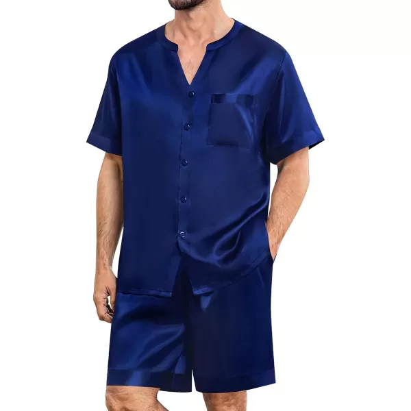 imageSWOMOG Mens Satin Pajamas Set Silk Button Down Sleepwear with Pockets Short Sleeve Loungewear 2 Piece Pjs Set NightwearNavy Blue