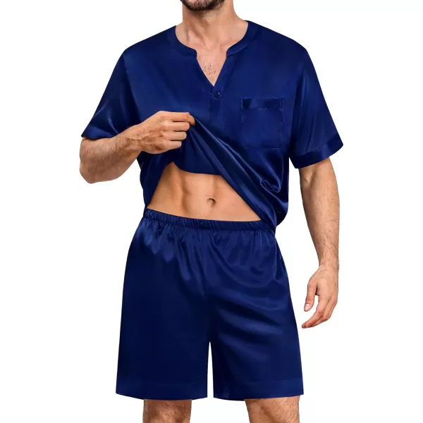 imageSWOMOG Mens Satin Pajamas Set Silk Button Down Sleepwear with Pockets Short Sleeve Loungewear 2 Piece Pjs Set NightwearNavy Blue