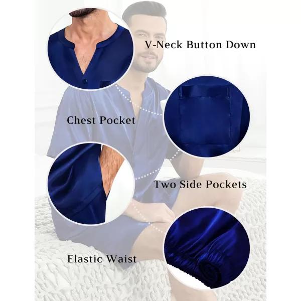 imageSWOMOG Mens Satin Pajamas Set Silk Button Down Sleepwear with Pockets Short Sleeve Loungewear 2 Piece Pjs Set NightwearNavy Blue