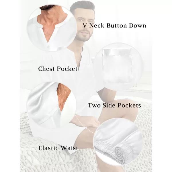 imageSWOMOG Mens Satin Pajamas Set Silk Button Down Sleepwear with Pockets Short Sleeve Loungewear 2 Piece Pjs Set NightwearWhite