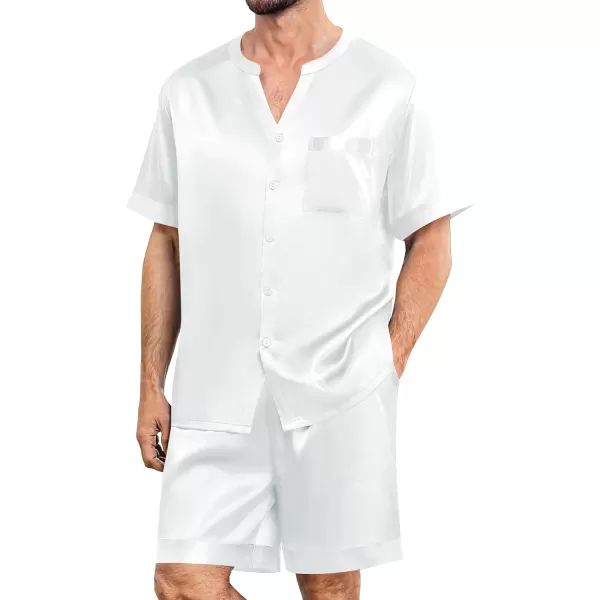 imageSWOMOG Mens Satin Pajamas Set Silk Button Down Sleepwear with Pockets Short Sleeve Loungewear 2 Piece Pjs Set NightwearWhite