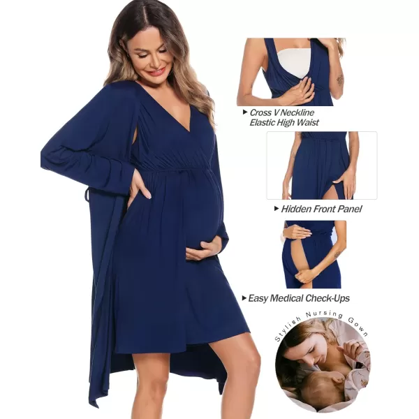 imageSWOMOG Women Maternity Nursing Gown and Robe Set 3 in 1 Labor Delivery Nursing Nightgown for Breastfeeding Hospital BathrobeAnavy Blue