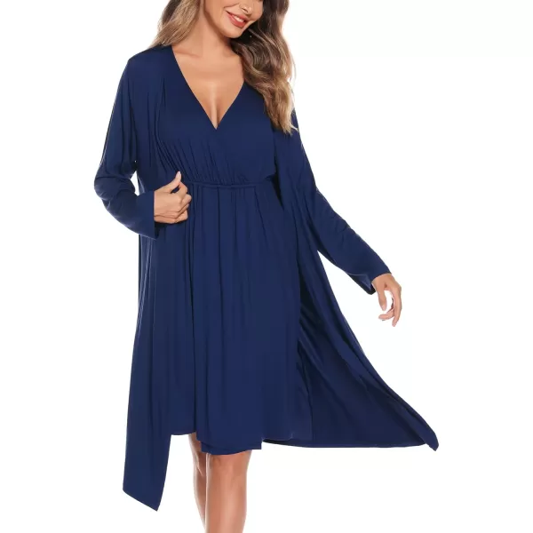 imageSWOMOG Women Maternity Nursing Gown and Robe Set 3 in 1 Labor Delivery Nursing Nightgown for Breastfeeding Hospital BathrobeAnavy Blue