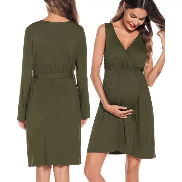 imageSWOMOG Women Maternity Nursing Gown and Robe Set 3 in 1 Labor Delivery Nursing Nightgown for Breastfeeding Hospital BathrobeArmy Green