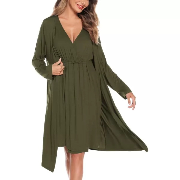 imageSWOMOG Women Maternity Nursing Gown and Robe Set 3 in 1 Labor Delivery Nursing Nightgown for Breastfeeding Hospital BathrobeArmy Green