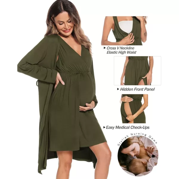 imageSWOMOG Women Maternity Nursing Gown and Robe Set 3 in 1 Labor Delivery Nursing Nightgown for Breastfeeding Hospital BathrobeArmy Green