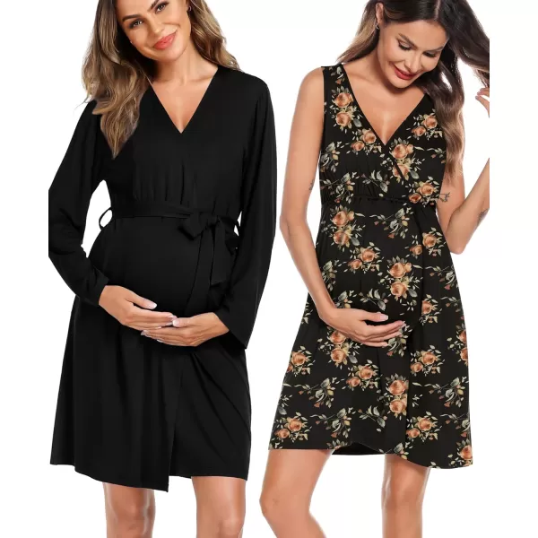 imageSWOMOG Women Maternity Nursing Gown and Robe Set 3 in 1 Labor Delivery Nursing Nightgown for Breastfeeding Hospital BathrobeBlack  Retro Flower