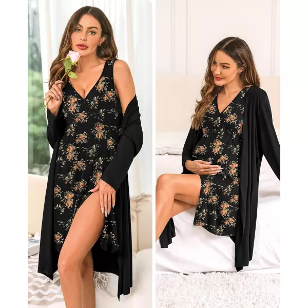 imageSWOMOG Women Maternity Nursing Gown and Robe Set 3 in 1 Labor Delivery Nursing Nightgown for Breastfeeding Hospital BathrobeBlack  Retro Flower