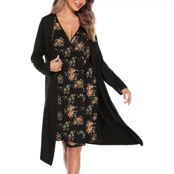 imageSWOMOG Women Maternity Nursing Gown and Robe Set 3 in 1 Labor Delivery Nursing Nightgown for Breastfeeding Hospital BathrobeBlack  Retro Flower