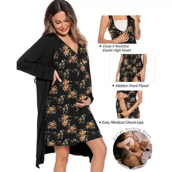 imageSWOMOG Women Maternity Nursing Gown and Robe Set 3 in 1 Labor Delivery Nursing Nightgown for Breastfeeding Hospital BathrobeBlack  Retro Flower