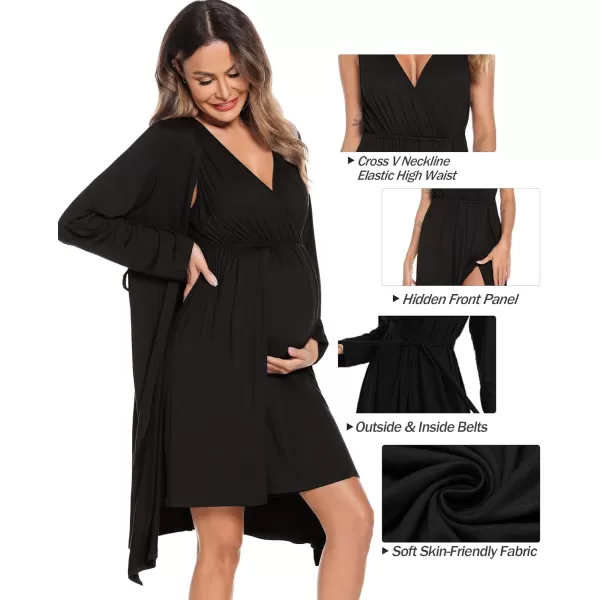 imageSWOMOG Women Maternity Nursing Gown and Robe Set 3 in 1 Labor Delivery Nursing Nightgown for Breastfeeding Hospital BathrobeBlack