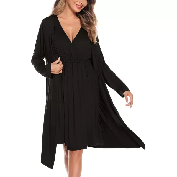 imageSWOMOG Women Maternity Nursing Gown and Robe Set 3 in 1 Labor Delivery Nursing Nightgown for Breastfeeding Hospital BathrobeBlack