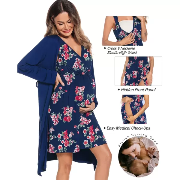 imageSWOMOG Women Maternity Nursing Gown and Robe Set 3 in 1 Labor Delivery Nursing Nightgown for Breastfeeding Hospital BathrobeBlue  Red Flower