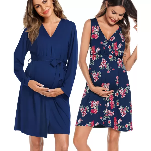 imageSWOMOG Women Maternity Nursing Gown and Robe Set 3 in 1 Labor Delivery Nursing Nightgown for Breastfeeding Hospital BathrobeBlue  Red Flower